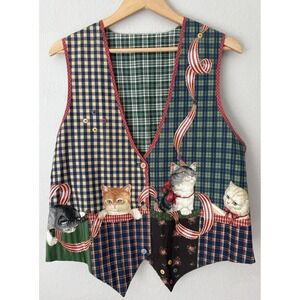 Vintage Cats Kittens Novelty Printed Graphic Plaid Patchwork Vest Statement L